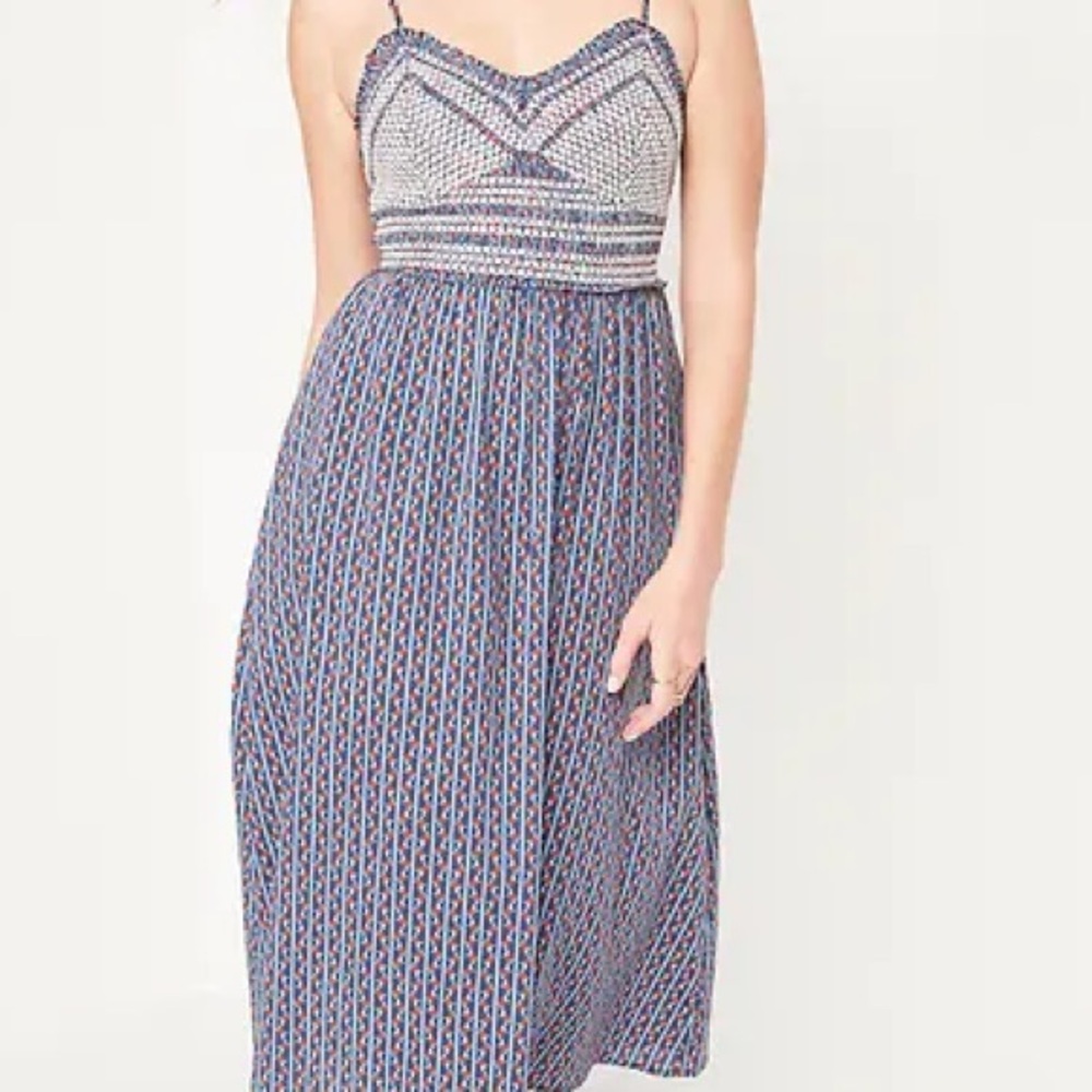 Old Navy Navy Blue White Fit Flare Sleeveless Embroidered Bodice Midi Dress 4X‎